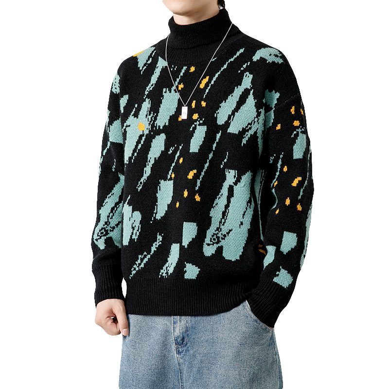 2024 Tykk Genser For Menn Strikket Med Turtleneck Jacquard Casual Løs