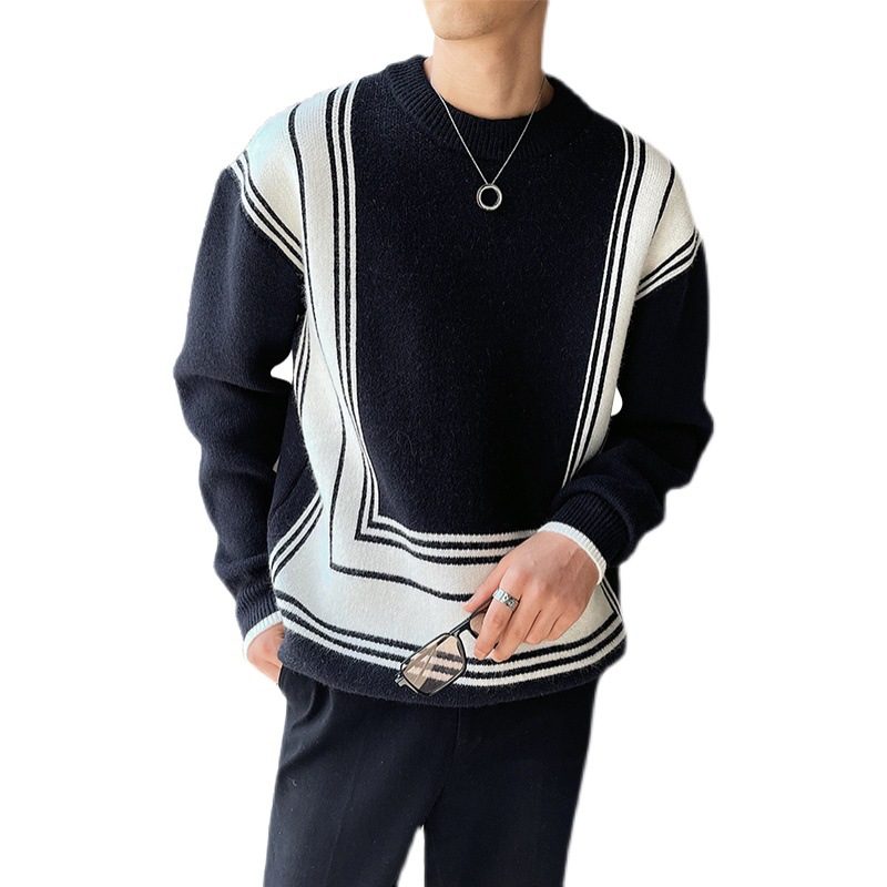 Genser For Menn Geometrisk Linje Jacquard Color Block Løs Crew Neck Strikk