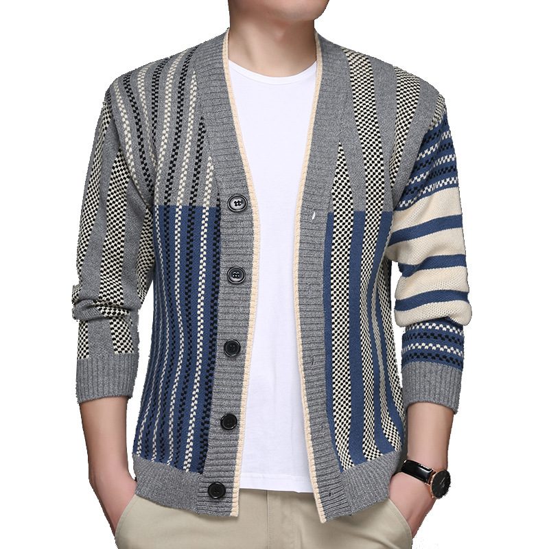 Genserjakke For Menn 2024 Casual Jacquard Stripet Strikket Cardigan