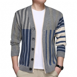 Genserjakke For Menn 2024 Casual Jacquard Stripet Strikket Cardigan