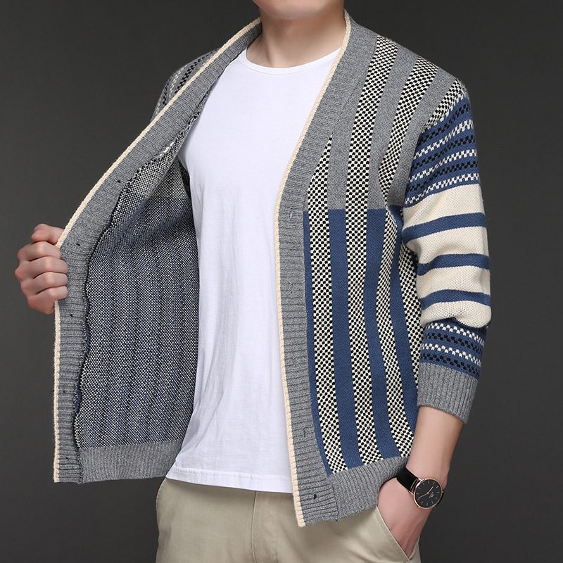 Genserjakke For Menn 2024 Casual Jacquard Stripet Strikket Cardigan