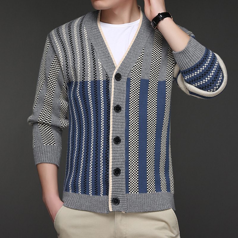 Genserjakke For Menn 2024 Casual Jacquard Stripet Strikket Cardigan