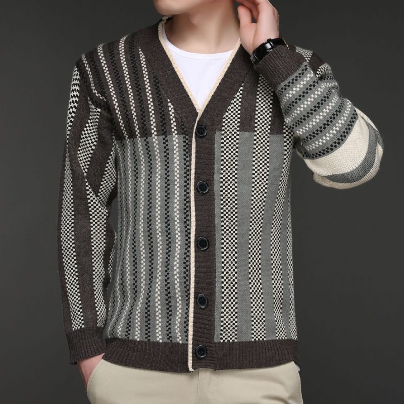 Genserjakke For Menn 2024 Casual Jacquard Stripet Strikket Cardigan