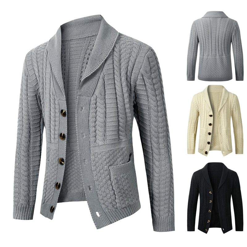 Herregenser Twist Cardigan Lapel Collar Ensfarget Strikket Jakke