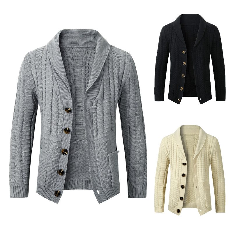 Herregenser Twist Cardigan Lapel Collar Ensfarget Strikket Jakke