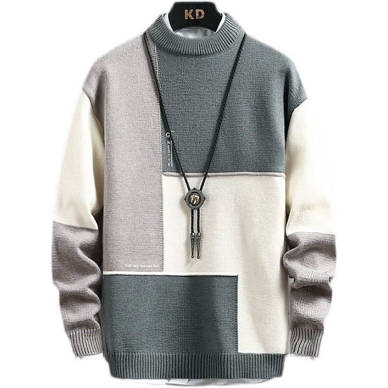 Strikkegenser For Menn Trendy Halv Turtleneck Fargematchende Uformell Løs Pullover