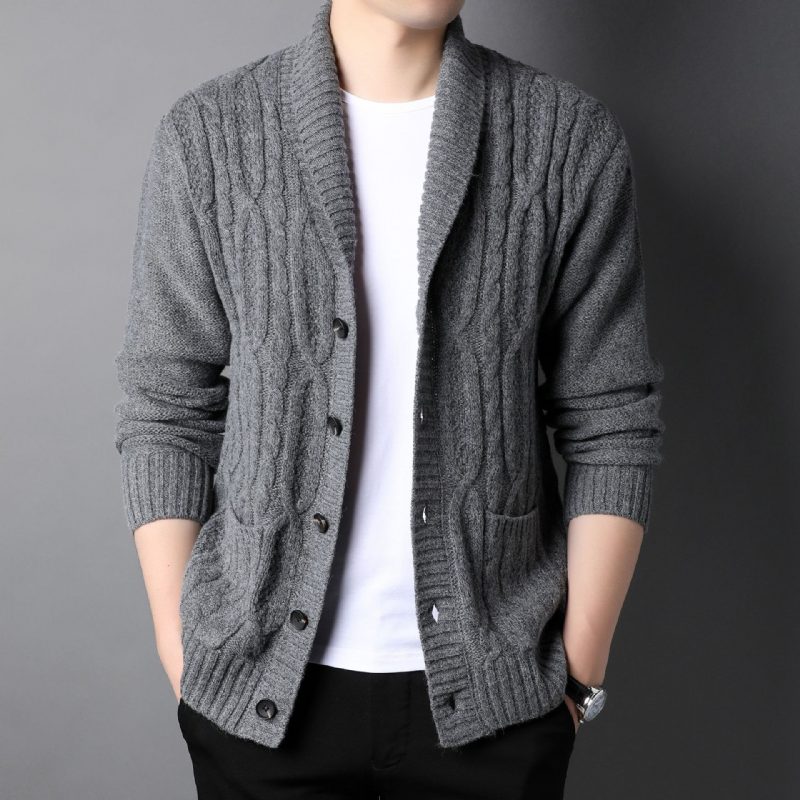 Strikket Cardigan Jacquard Ensfarget Jakke For Menn