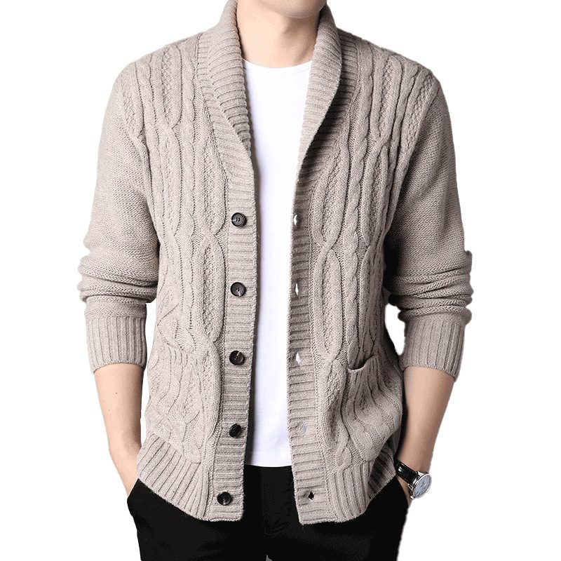 Strikket Cardigan Jacquard Ensfarget Jakke For Menn