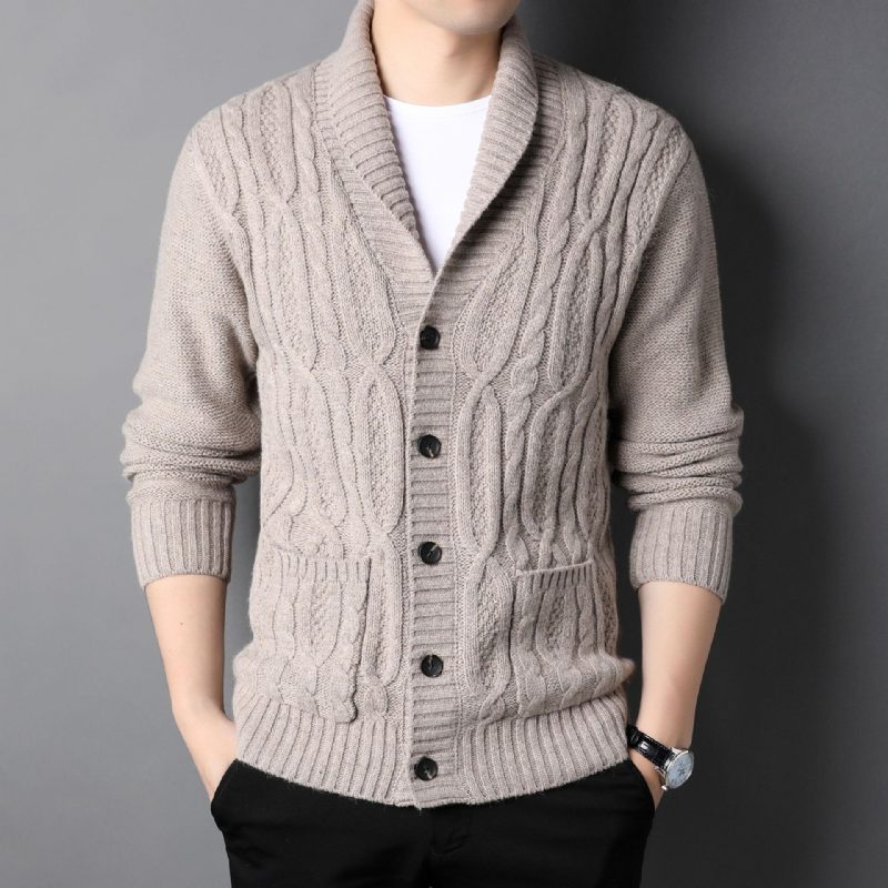 Strikket Cardigan Jacquard Ensfarget Jakke For Menn