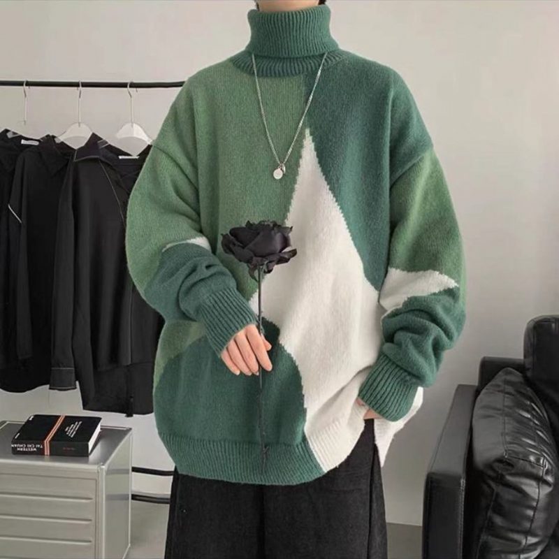 Turtleneck Genser Herre Strikket Tykk Seksjon Trendy Løs