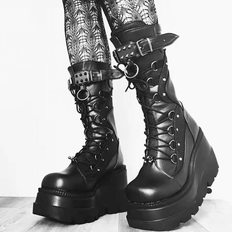 Wedge Knight Boots Dame 2024 Nye Stor Størrelse Punk Kjekke Tykke Såler Mid-tube Støvler