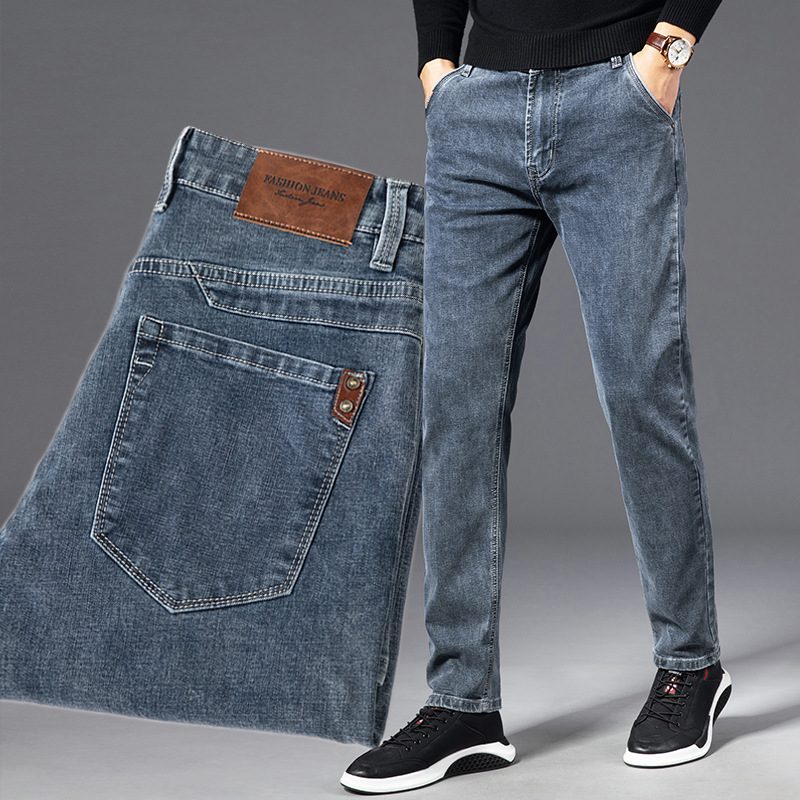 Grå Jeans Menn Løs Rett Casual Stretch Bukser