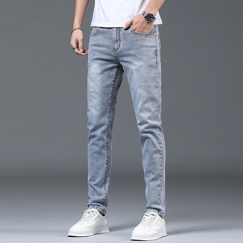 Lys-farget Tynn Seksjon Slim-fit Jeans Menns Ni Poeng Revet Blyant Bukser Trend