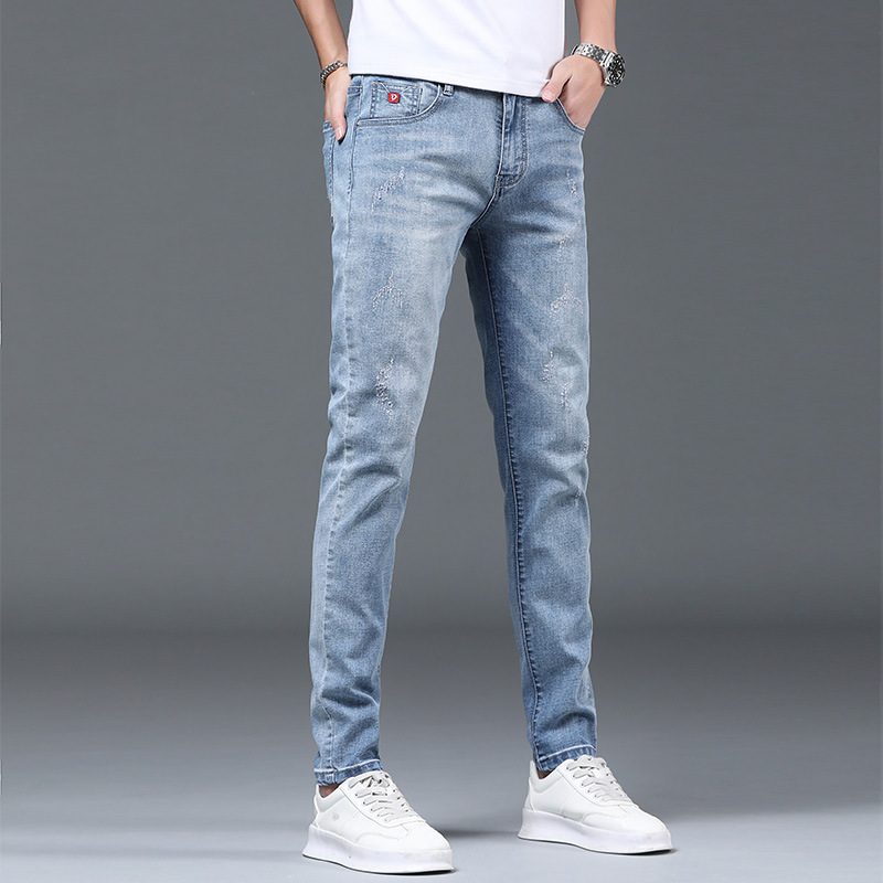 Lys-farget Tynn Seksjon Slim-fit Jeans Menns Ni Poeng Revet Blyant Bukser Trend