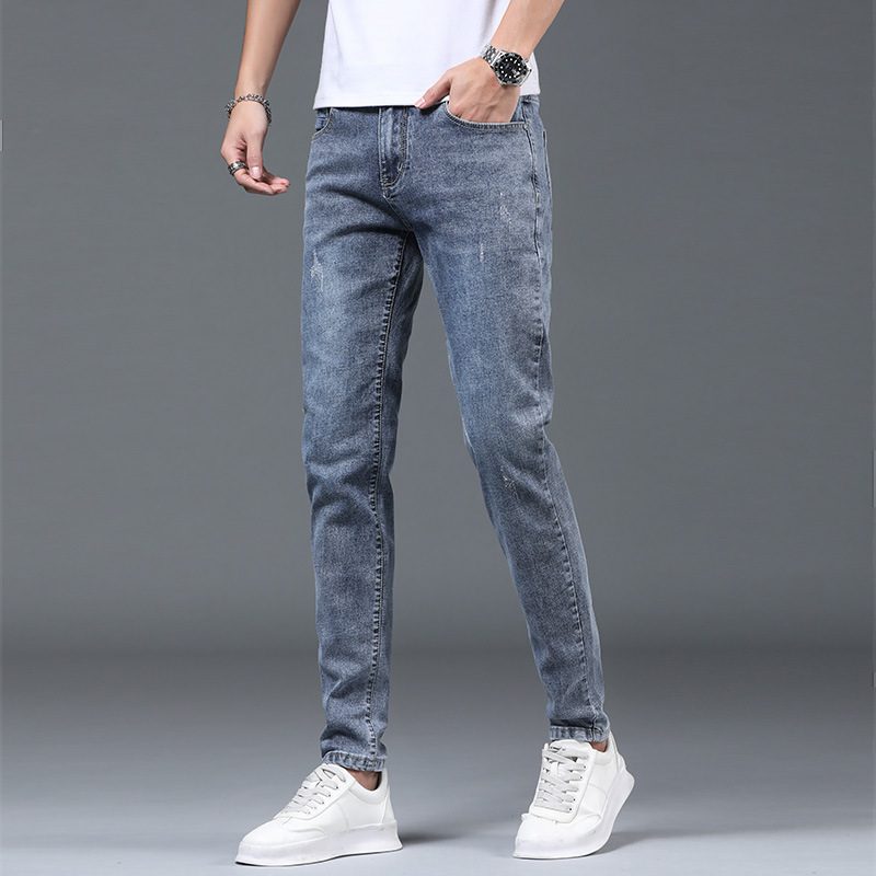 Lys-farget Tynn Seksjon Slim-fit Jeans Menns Ni Poeng Revet Blyant Bukser Trend