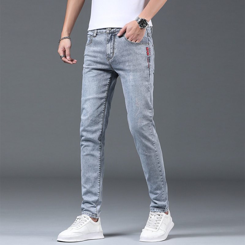 Lys-farget Tynn Seksjon Slim-fit Jeans Menns Ni Poeng Revet Blyant Bukser Trend