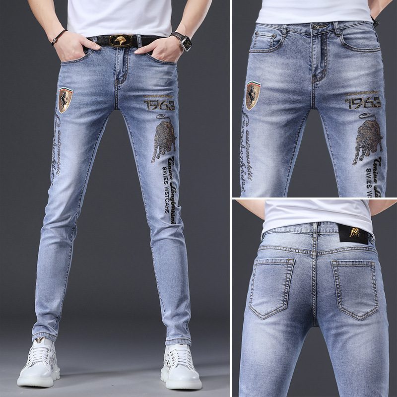 Menns Jeans Rust Flower Hot Drill Refleks Stretch Slim Fit Små Føtter Hull