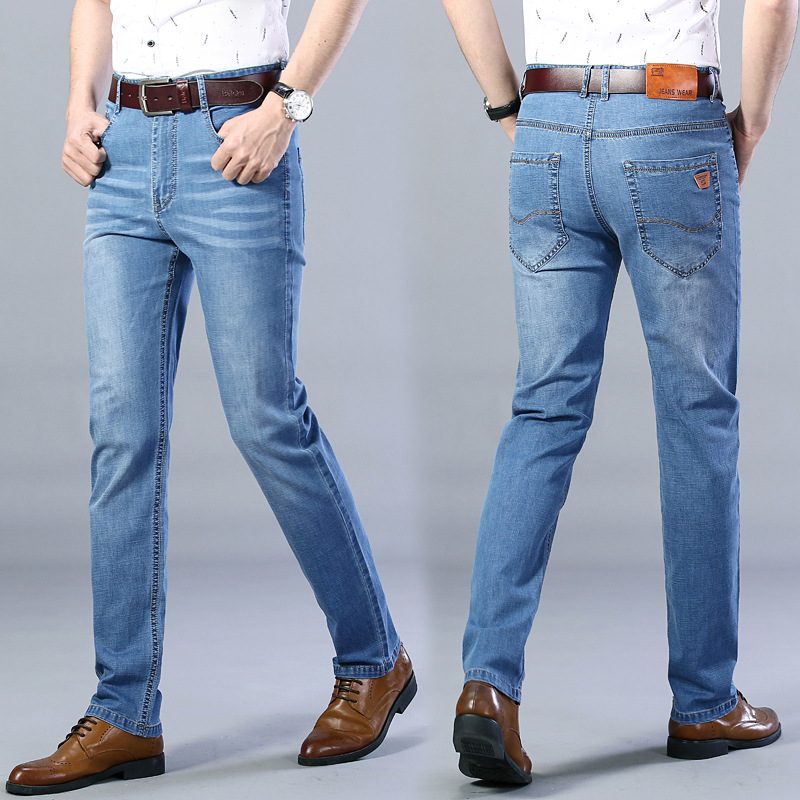 Tynne Stretch Jeans Men Trend Løse Straight Leg Bukser