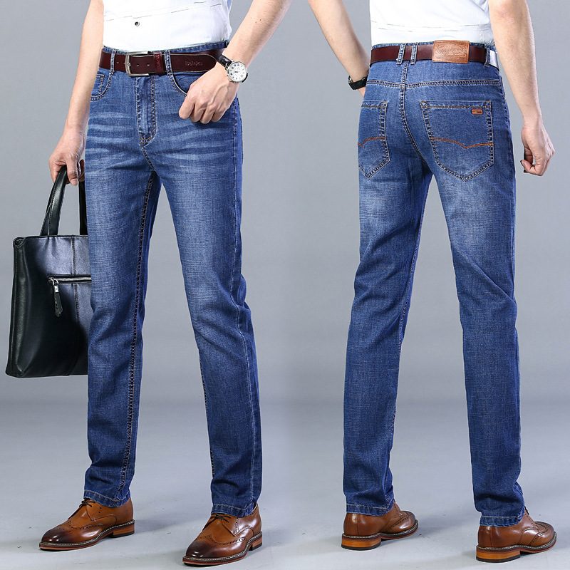 Tynne Stretch Jeans Men Trend Løse Straight Leg Bukser