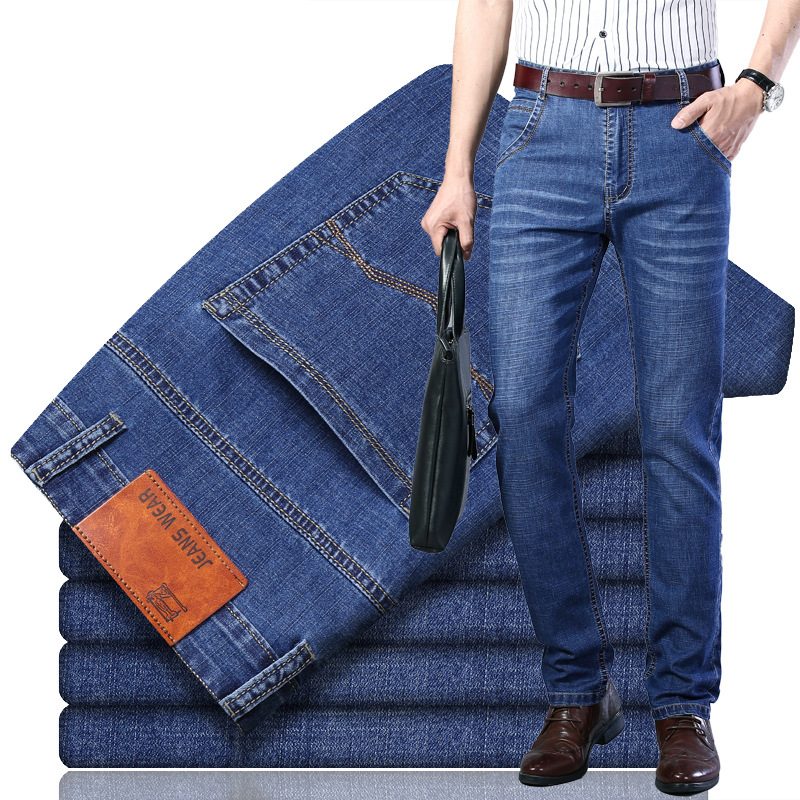 Tynne Stretch Jeans Men Trend Løse Straight Leg Bukser