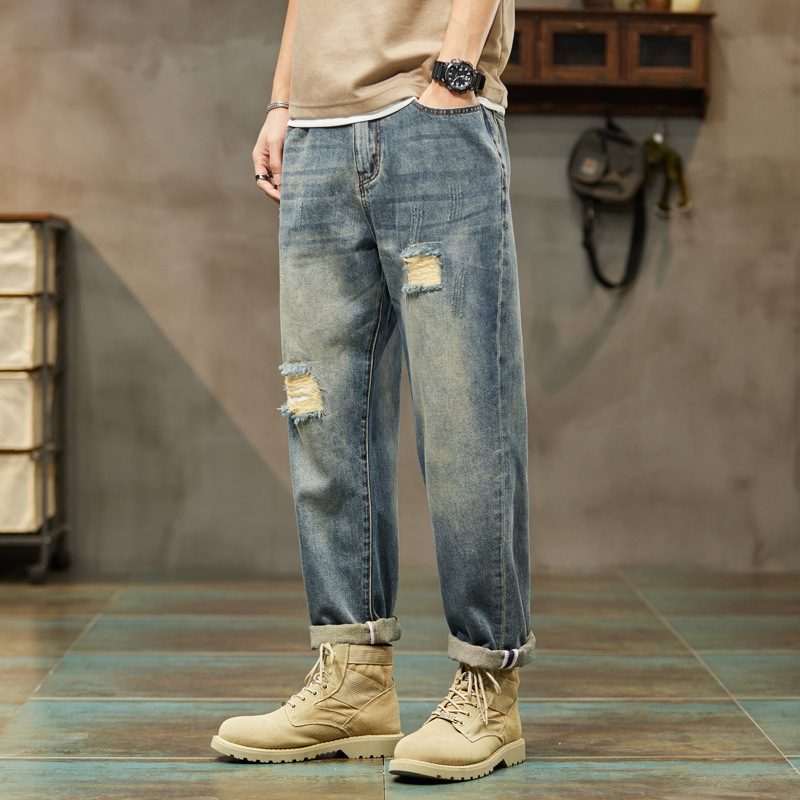 Vintage Jeans For Menn Trendy Ripped Loose Straight Bukser