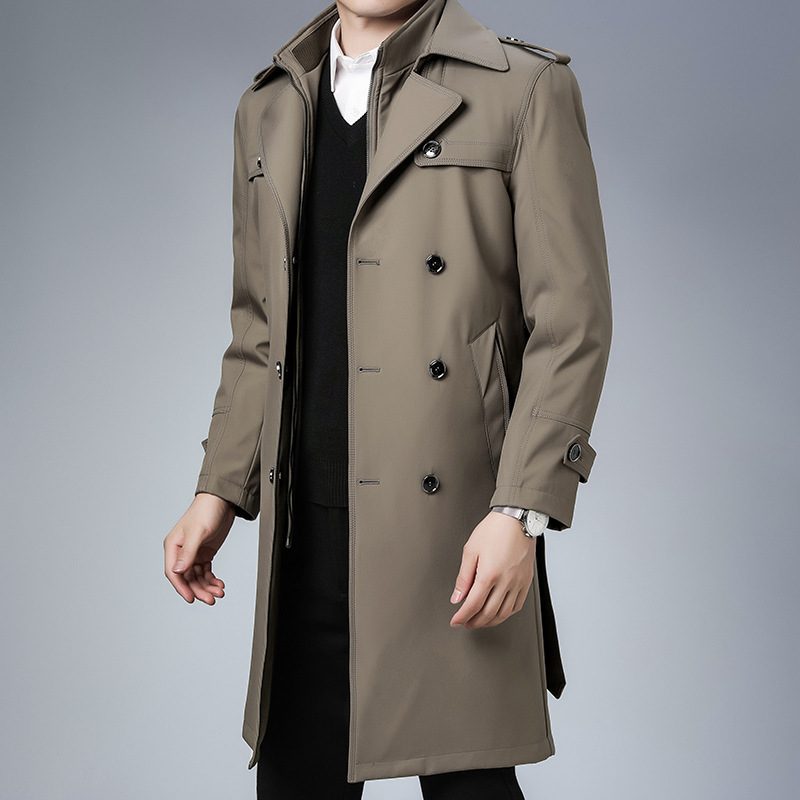 Dobbelspent Trenchcoat For Menn Mellom Lengde Polstret Avtagbar Jakke