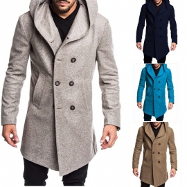 Menn Mote Lang Trench Coat Fleece Hette Ytterjakke