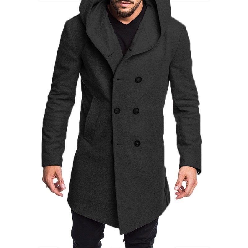 Menn Mote Lang Trench Coat Fleece Hette Ytterjakke