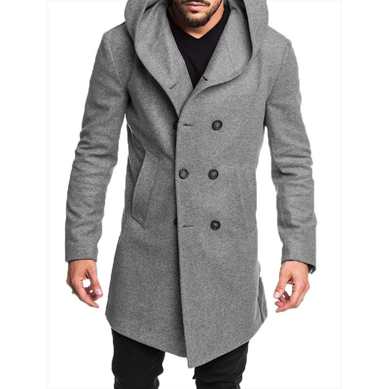 Menn Mote Lang Trench Coat Fleece Hette Ytterjakke