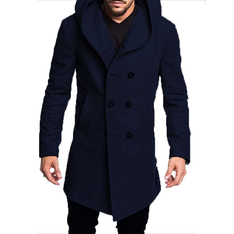 Menn Mote Lang Trench Coat Fleece Hette Ytterjakke