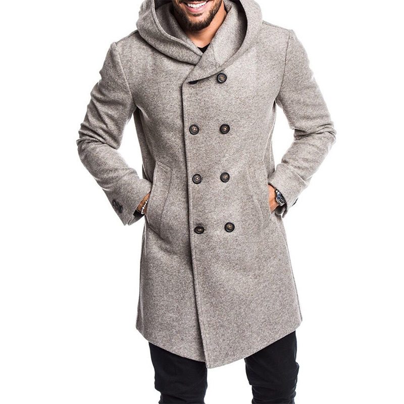 Menn Mote Lang Trench Coat Fleece Hette Ytterjakke