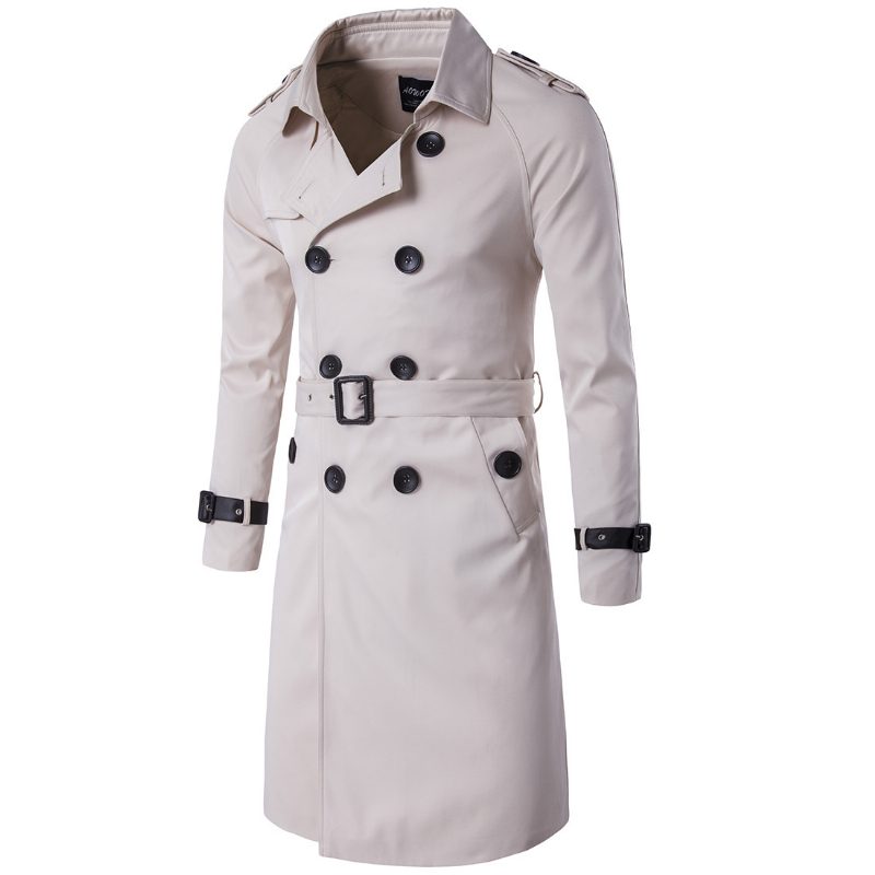 Trench Coat For Menn Lang Slim Dobbel Breasted Lapel Collar