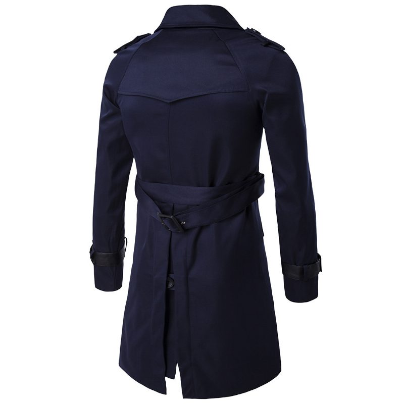 Trench Coat For Menn Lang Slim Dobbel Breasted Lapel Collar