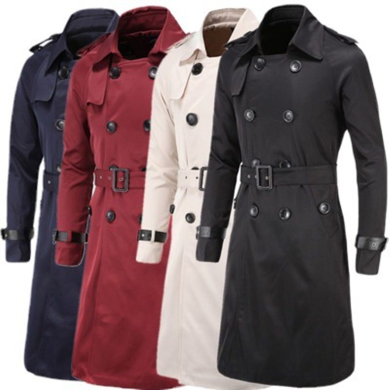 Trench Coat For Menn Lang Slim Dobbel Breasted Lapel Collar