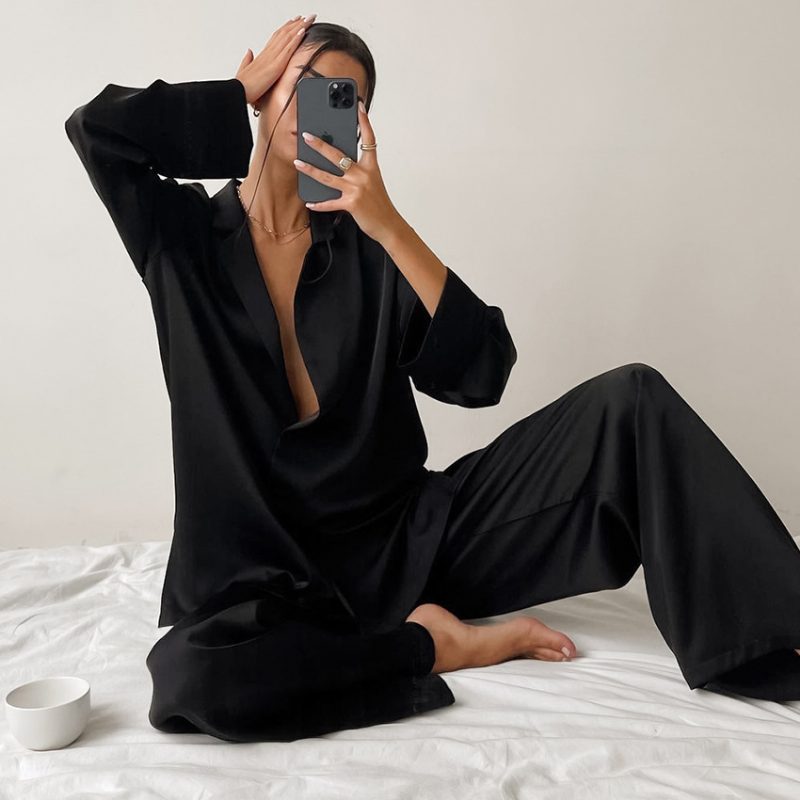 Dame Loungewear Langermet Dress Skjorte Tynn Bukse Todelt Sett