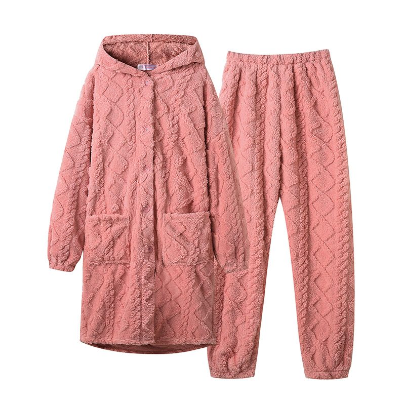 Damepysjamas Flanell Tykk Lang Jacquard Hette Loungewear-sett