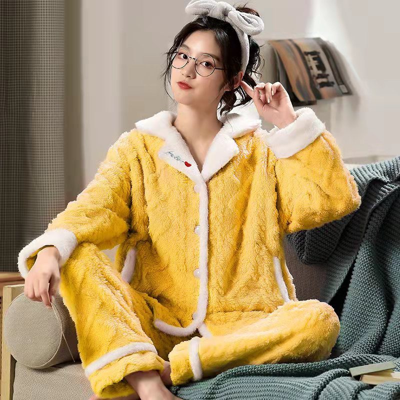 Damepysjamas Flanell Tykk Lang Jacquard Hette Loungewear-sett