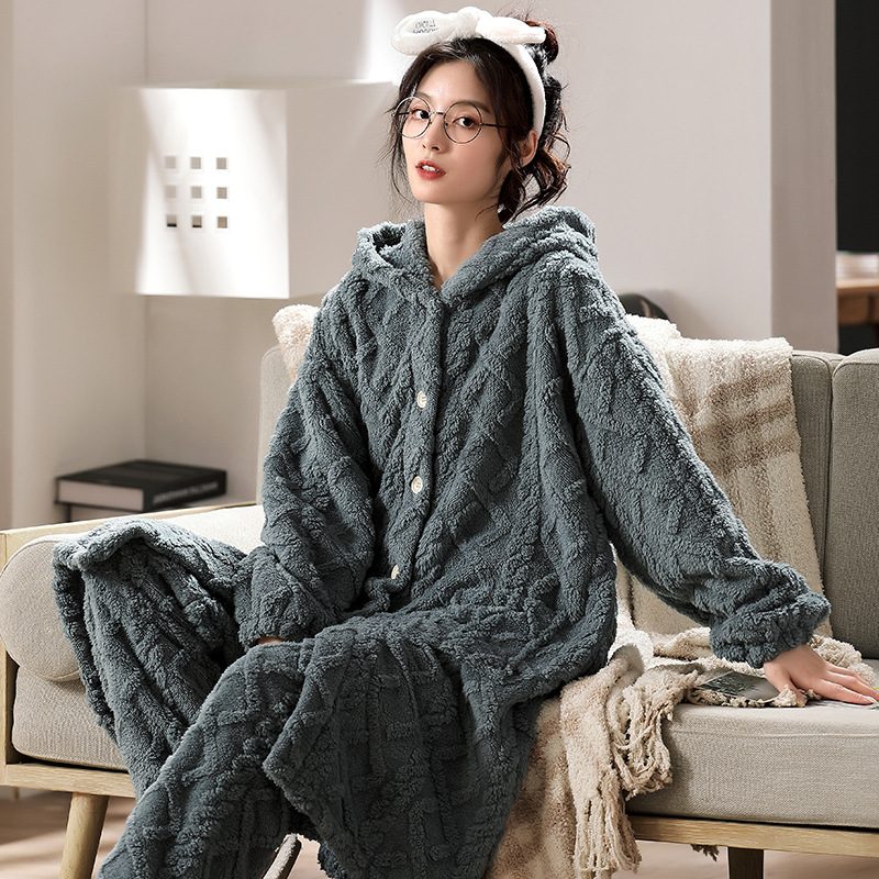 Damepysjamas Flanell Tykk Lang Jacquard Hette Loungewear-sett