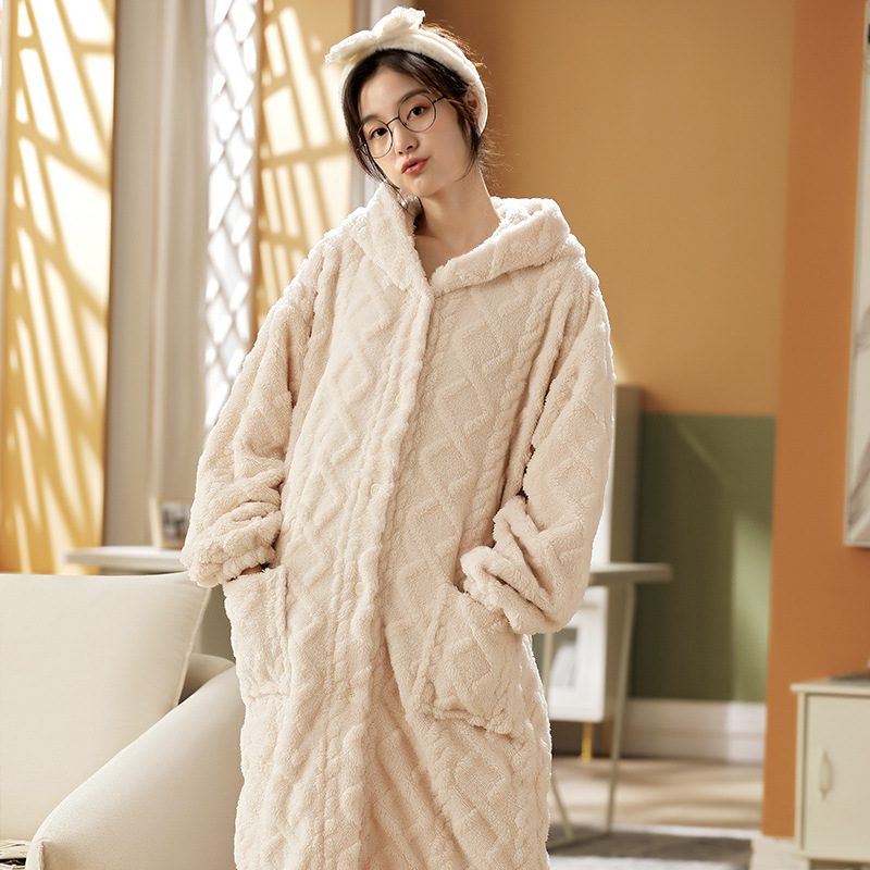 Damepysjamas Flanell Tykk Lang Jacquard Hette Loungewear-sett