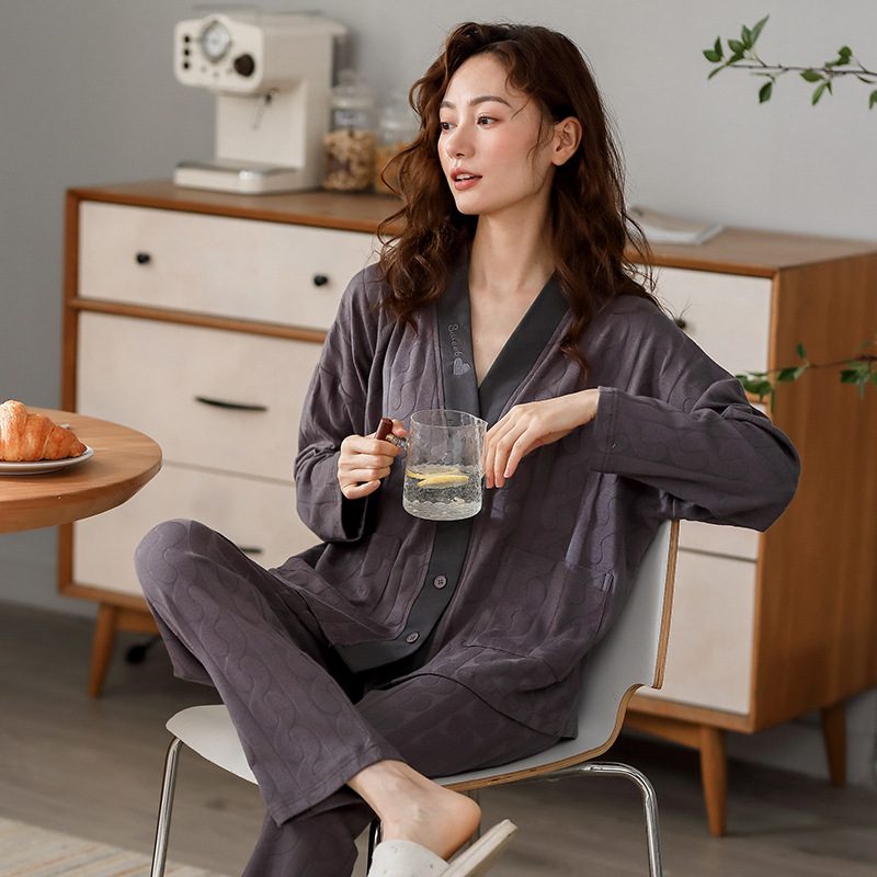 Langermet Damepysjamas Cotton Cardigan Homewear