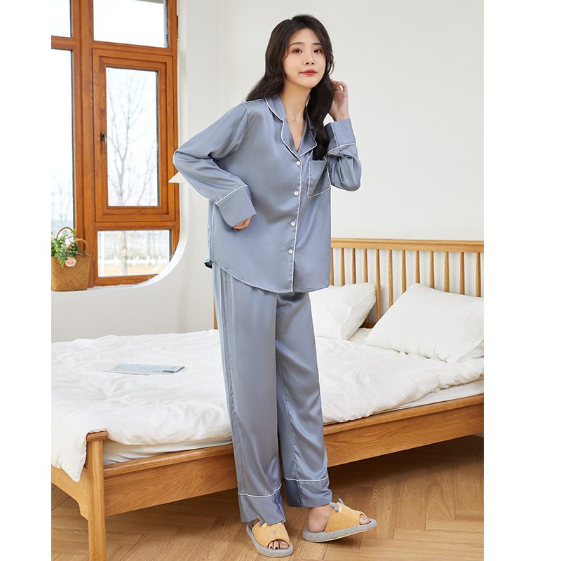 Løs Damepysjamas Sateng Chiffon Langermet Bukse Loungewear Ensfarget