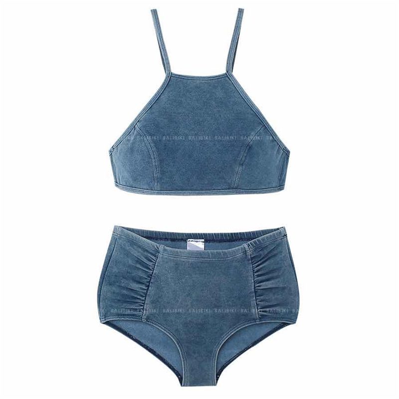 Badedrakt Kvinnelig Delt Denim Halter Hals Høy Midje Bikini Sexy