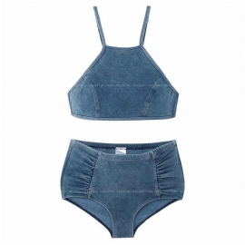 Badedrakt Kvinnelig Delt Denim Halter Hals Høy Midje Bikini Sexy