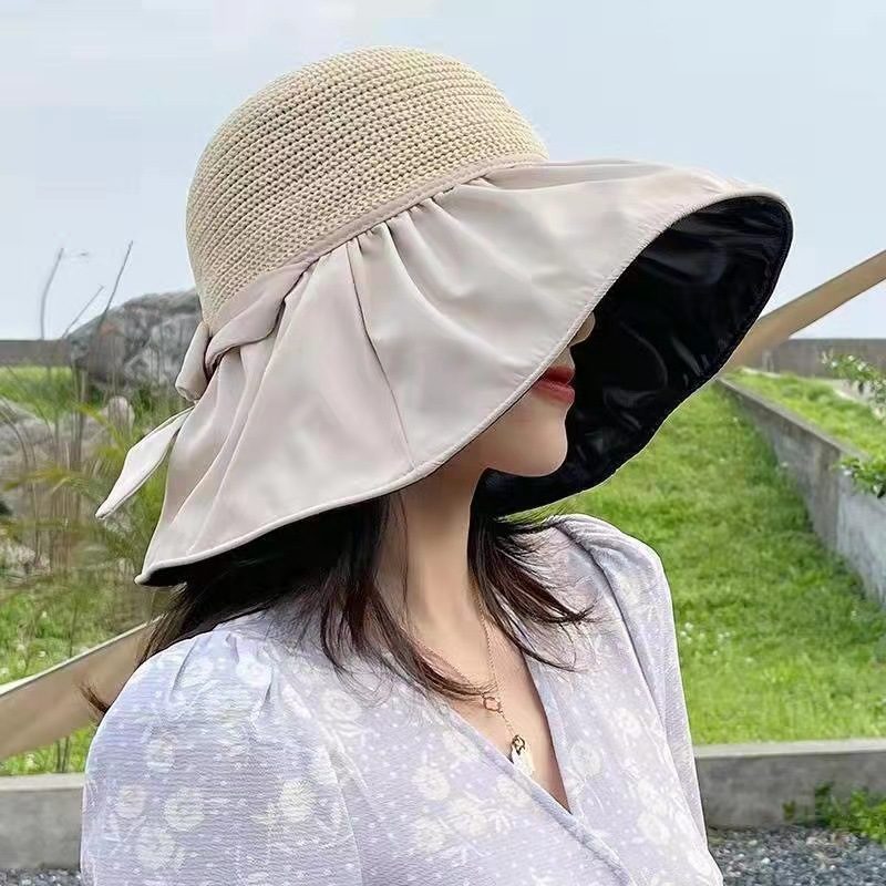 Lue Jente Sommer Vinyl Utendørs Anti-ultrafiolett Sløyfe Knot Dekker Ansikt Big Rim Fisherman Hat