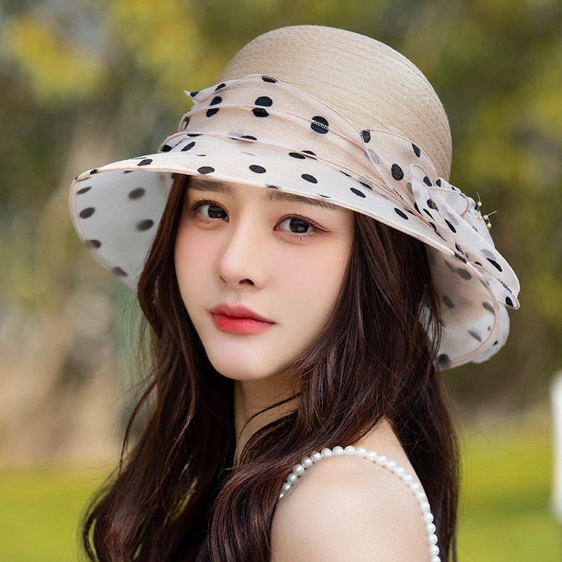 Polka Dot Blomsterkrukke Hat Elegant Wide Rim Bucket Hat Mother Hat