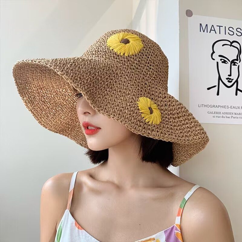 Summer Sweet Straw Hat Kvinnelig Sammenleggbar Strandhatt Håndbrodert Little Daisy Sun Hat