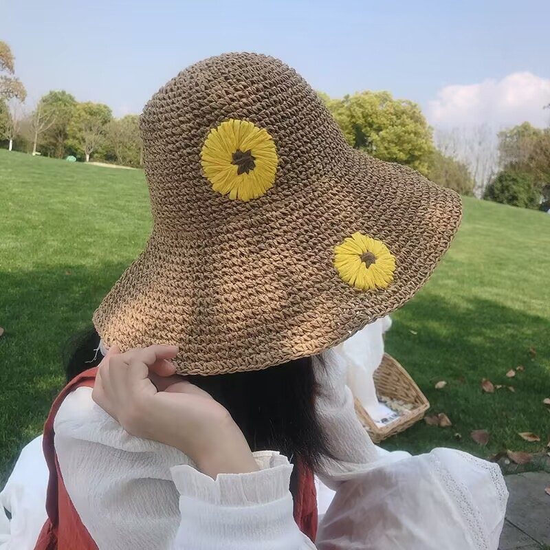 Summer Sweet Straw Hat Kvinnelig Sammenleggbar Strandhatt Håndbrodert Little Daisy Sun Hat